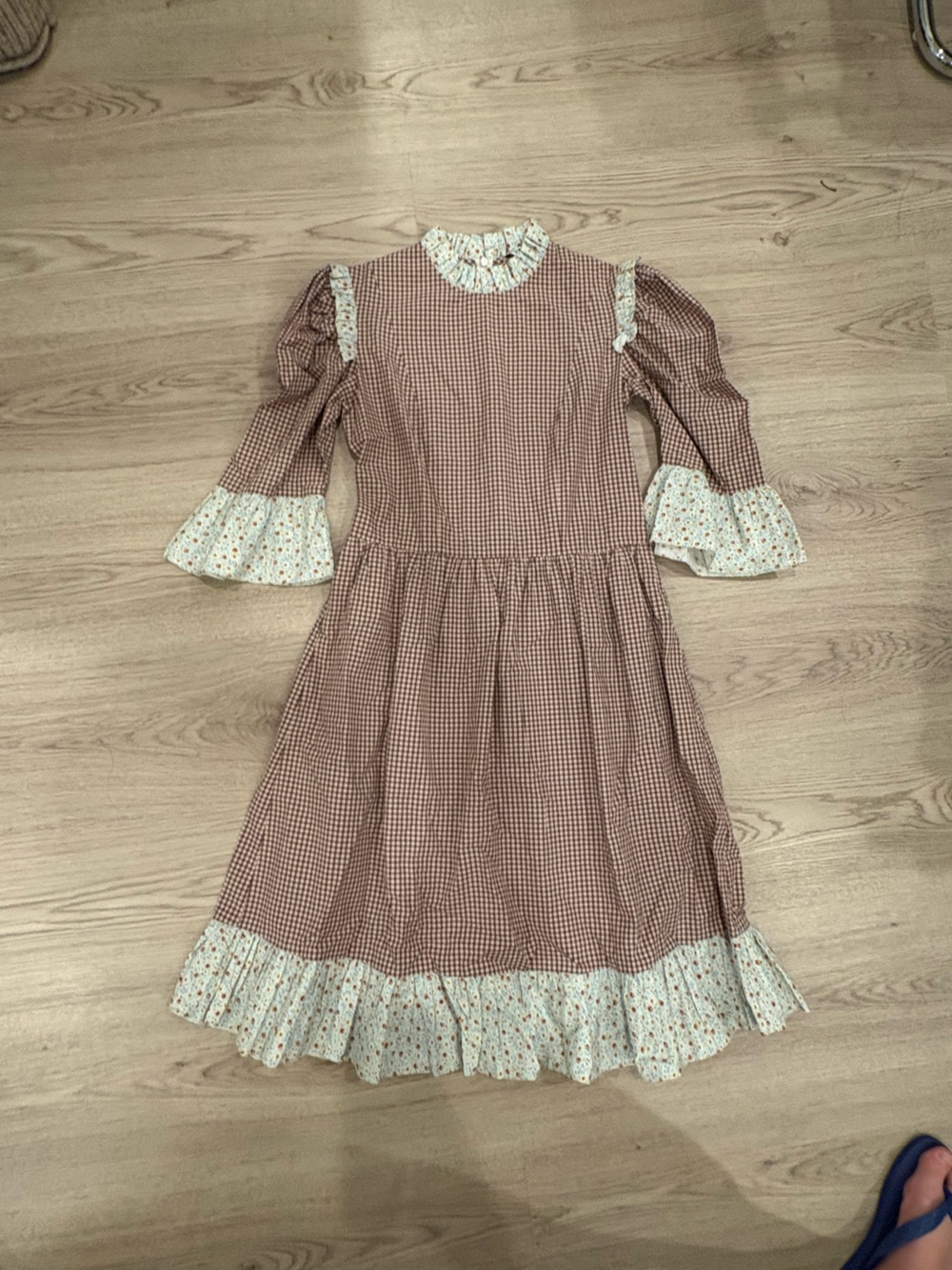 Batsheva Rust Gingham Dress with Floral Ruffle Trim